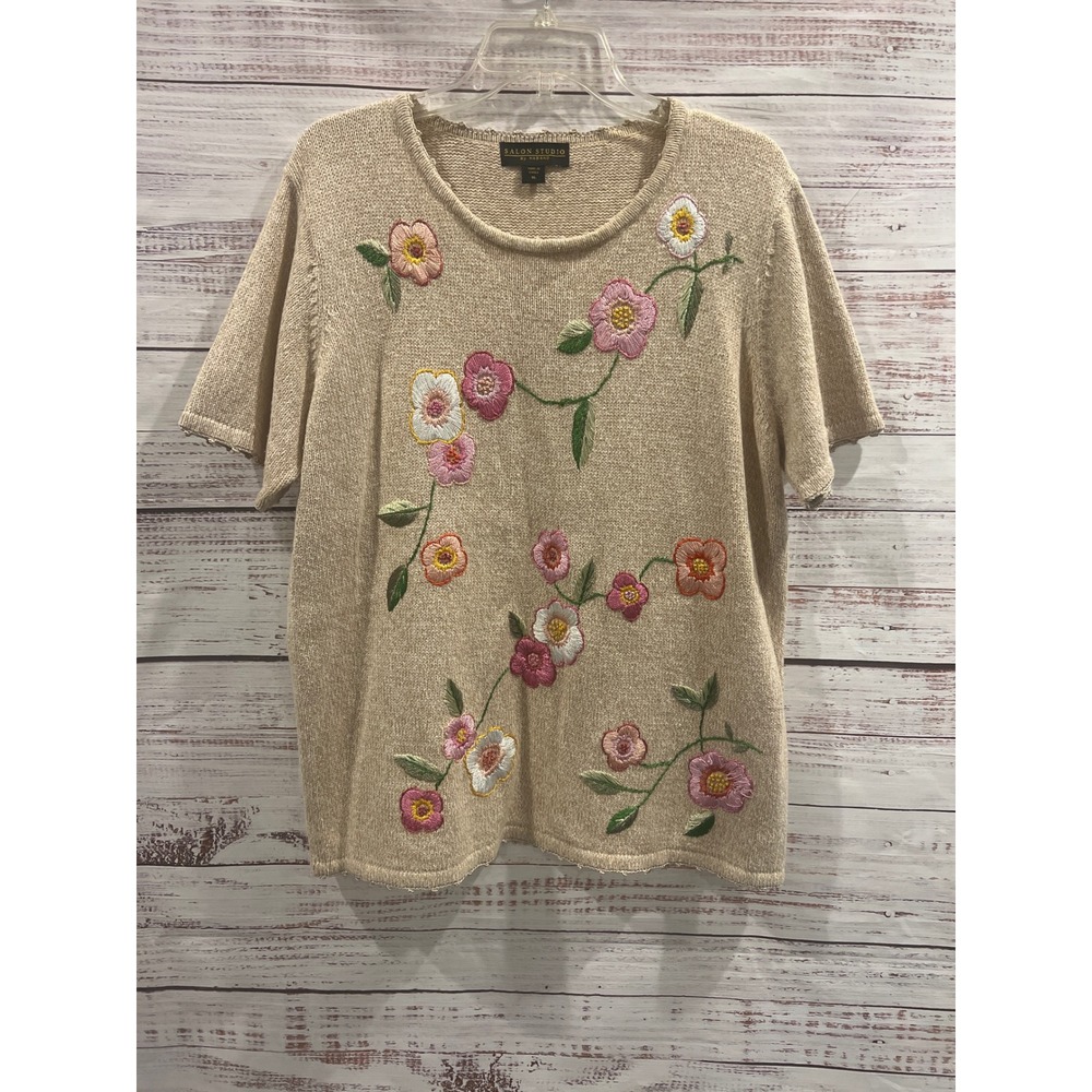 Salon Studio Haband Womens XL Beige Floral Embroidered Ramie Cotton Knit Sweater